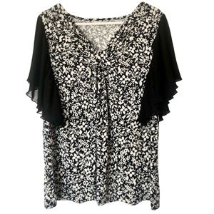 BOGO SALE Floral Flutter Sleeve Black and White Cinched Neck Blouse